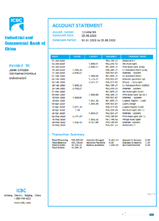 Download China Industrial and Commercial Bank of China bank statement word